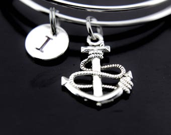 Sailors Gifts, Anchor Bracelet, Silver Nautical Anchor Charm Bangles, Anchor Charms, Expandable Bangle, Personalized Bangle, Initial Bangle,