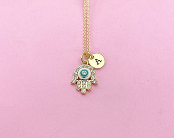 Gold Hamsa Blue Evil Eye Necklace, Protection Jewelry Kabbalah Gift, N562