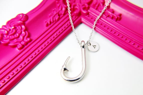 Silver Fishhook Charm Necklace, Personalized Jewelry, N1562