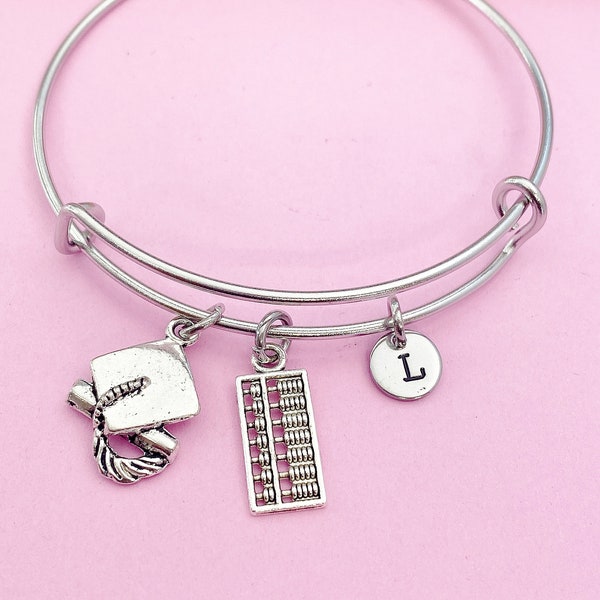 Silver Abacus Graduation Cap Charm Bracelet Bookkeeping Gifts Ideas Personalized Customized Made to Order Jewelry, BN1500
