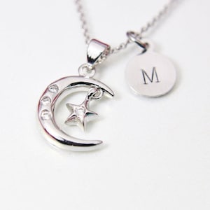 Silver Celestial Moon Star Charm Necklace, Celestial Jewelry, Personalized Custom Monogram, N2718