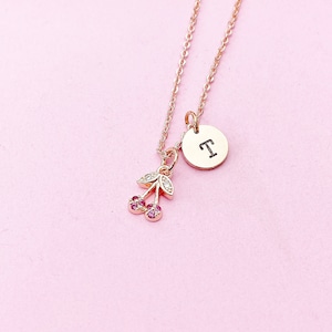 Rose Gold Cherry Charm Necklace, Hot pink Cherry Necklace, Foodie Gift, Dainty Necklace, Personalized, N2652