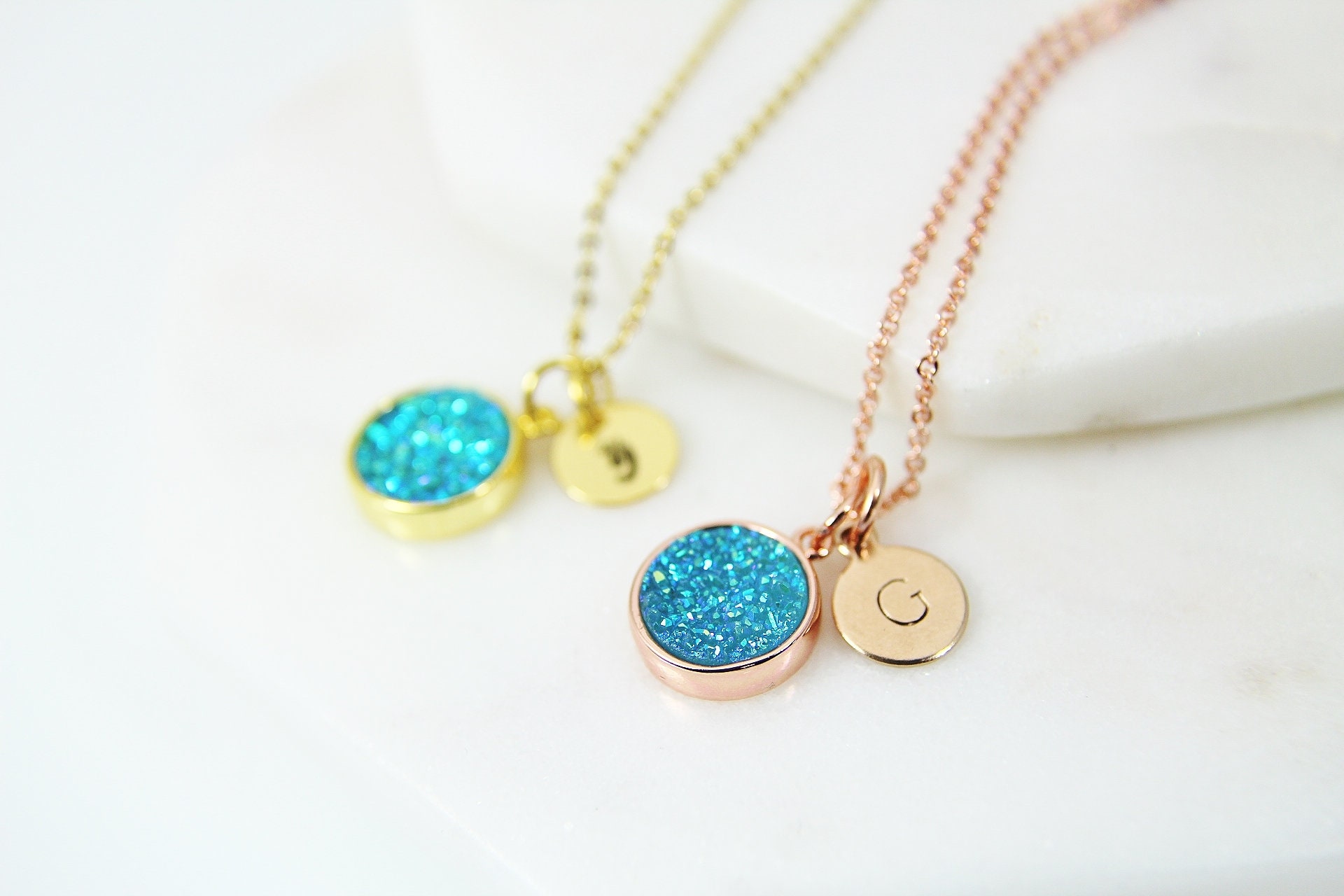 Rose Gold Druzy Necklace Blue Druzy 