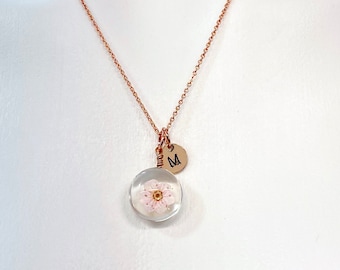 Rose Gold Cherry Blossom Necklace, Real Dried Press Flower, Sakura, Japanese Girlfriend Gift, N3162A