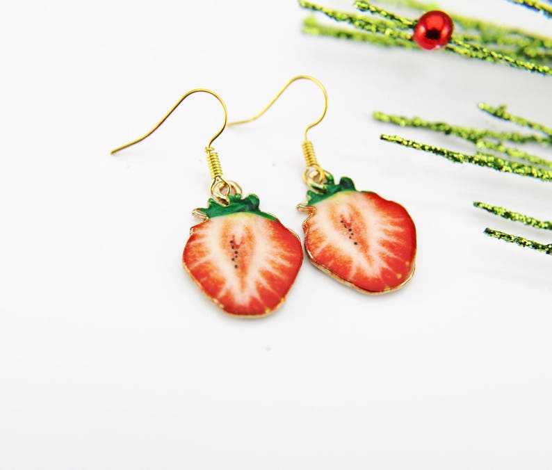 Red Strawberry Earrings, Gold Strawberry Charm Earrings, Strawberry Jewelry, Fruit Jewelry, Miniature Earrings, Christmas Gift, N1466 