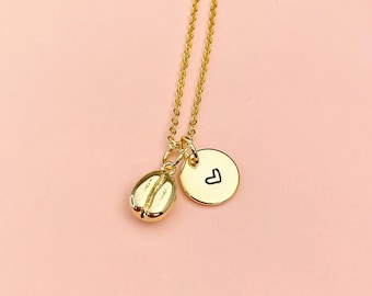 Gold Coffee Bean Necklace, Initial Charm, Personalized Gift