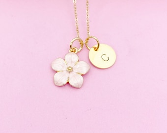 Gold Pink Magnolia Charm Necklace Personalized Customized Monogram Made to Order Jewelry, N1956A