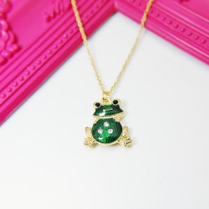 Gold Frog Charm Necklace, Green Frog Charm, N854
