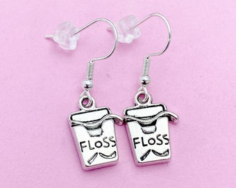 Silver Floss Earrings, DH Graduation Dentist Jewelry Earrings, Dentist Floss Charm, Dentist Earrings, DH DA Gifts, N2934