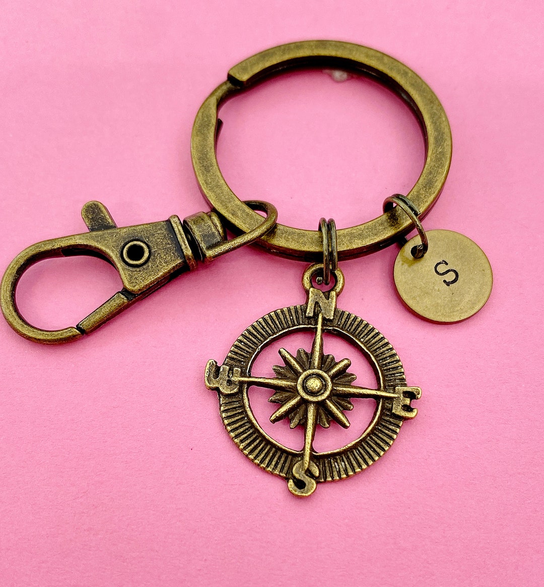 Bronze Compass Keychain Personalized Customized Monogram Made to Order ...