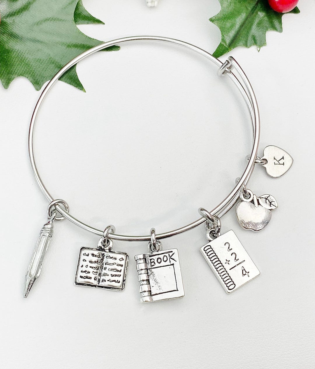 Teacher Charm Bracelet Silver Bracelet Bangle With Book Apple Math 