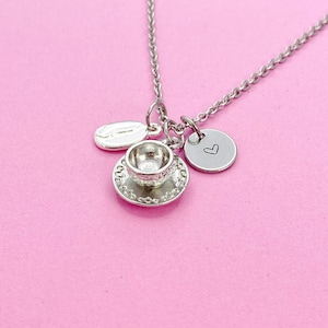 Silver Coffee Bean Charm Necklace, Coffee Charm, Coffee Cup and Saucer Charm, Coffee Gift, Personalized Gift, N50D