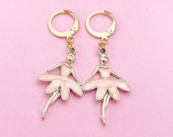 Gold Cute Pink Ballet Dance Girl Charm Earrings, N3138