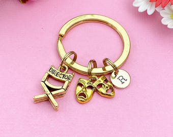 Gold Comedy Tragedy Director Keychain, Drama Mask Charm, Personalized Initial