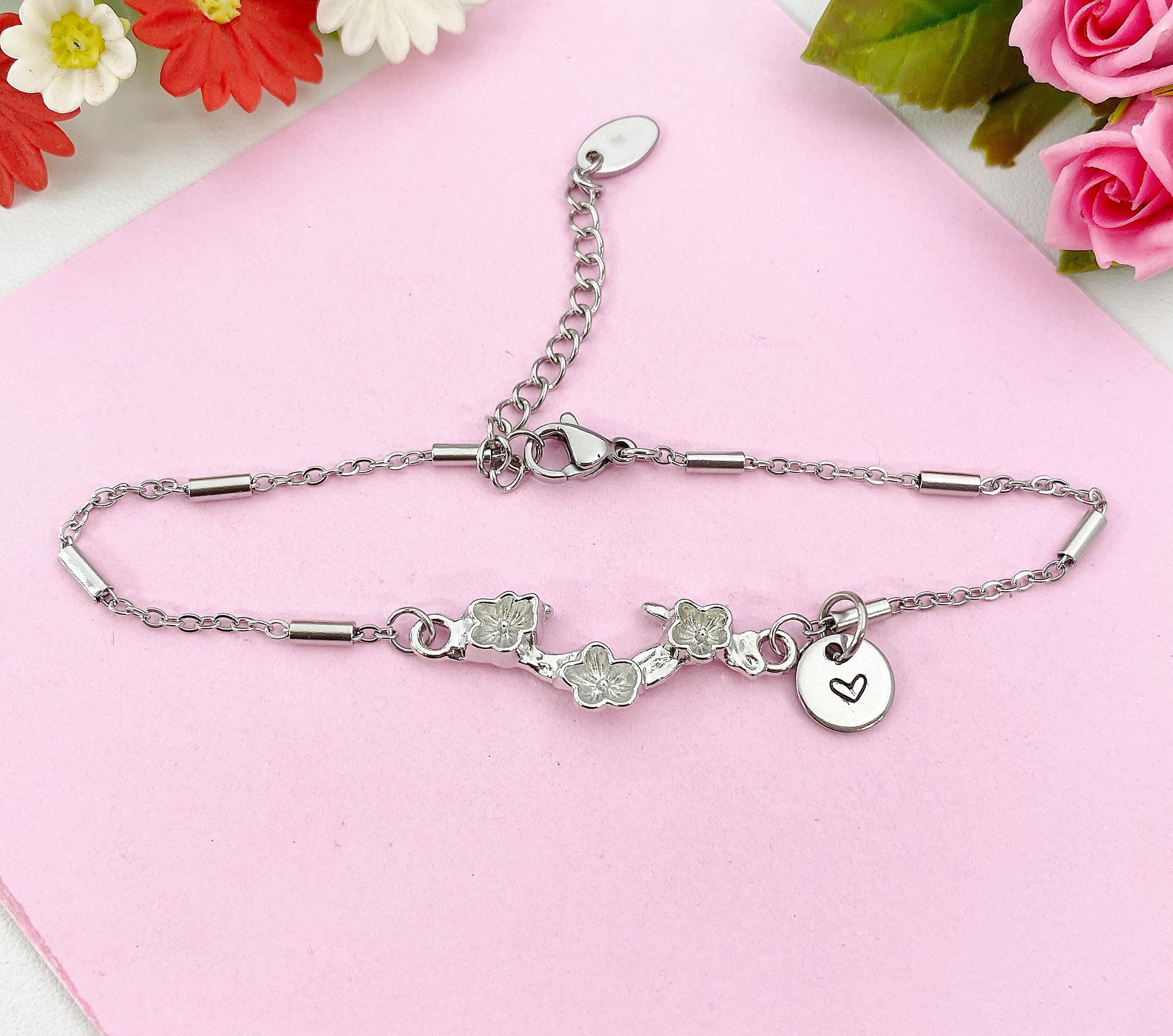 Cherry Blossom Charm Silver Bracelet, Flower Branch, Plum Blossom