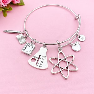 Science Teacher Charm Bracelet, Atom, Beaker, Apple, Book, Pencil, Initial, Gift