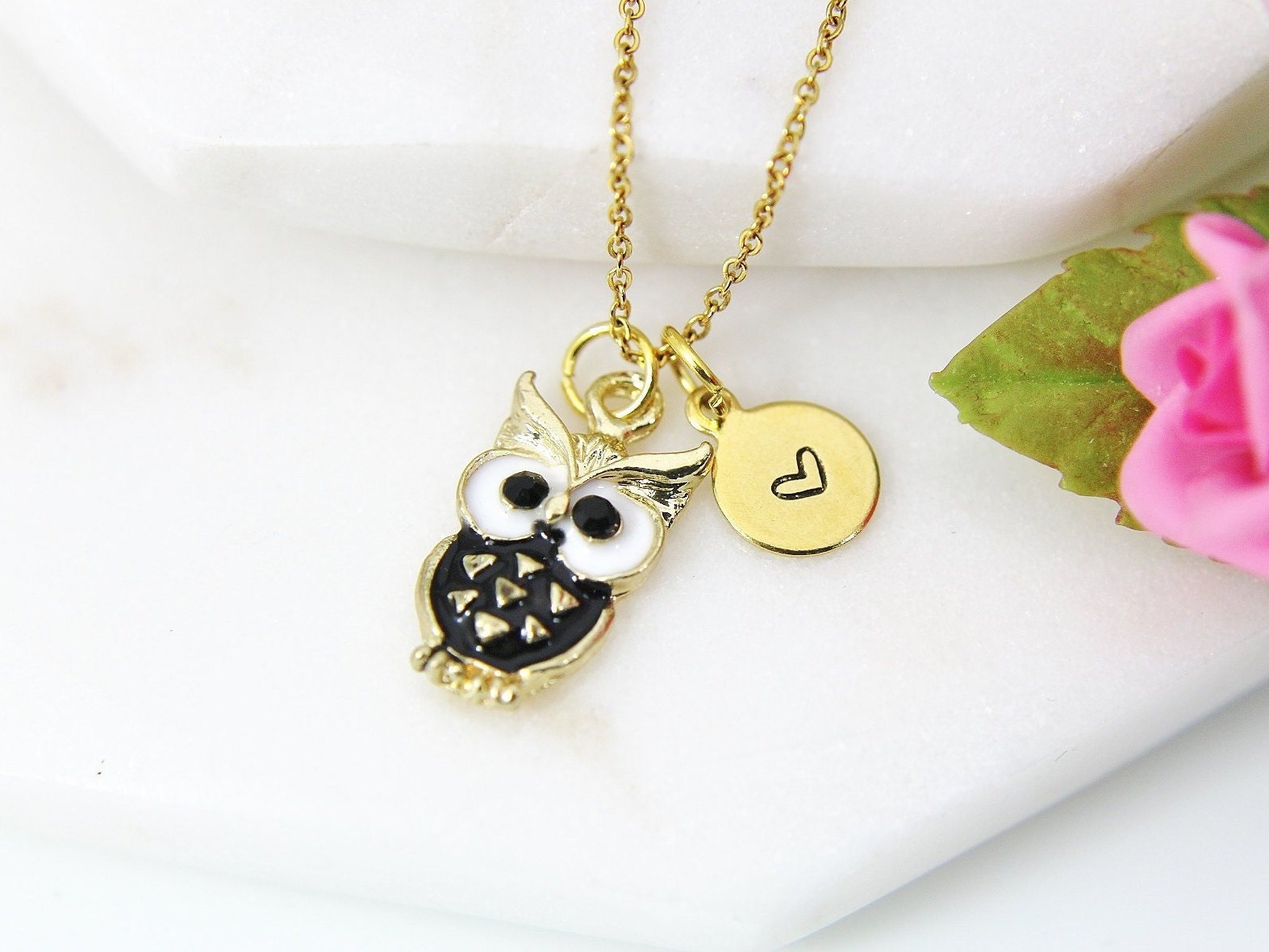 Gold Owl Necklace, Black Owl Charm, Cute Owl Black Bird Charm, Girlfriend Gift, Personalized Gift, B