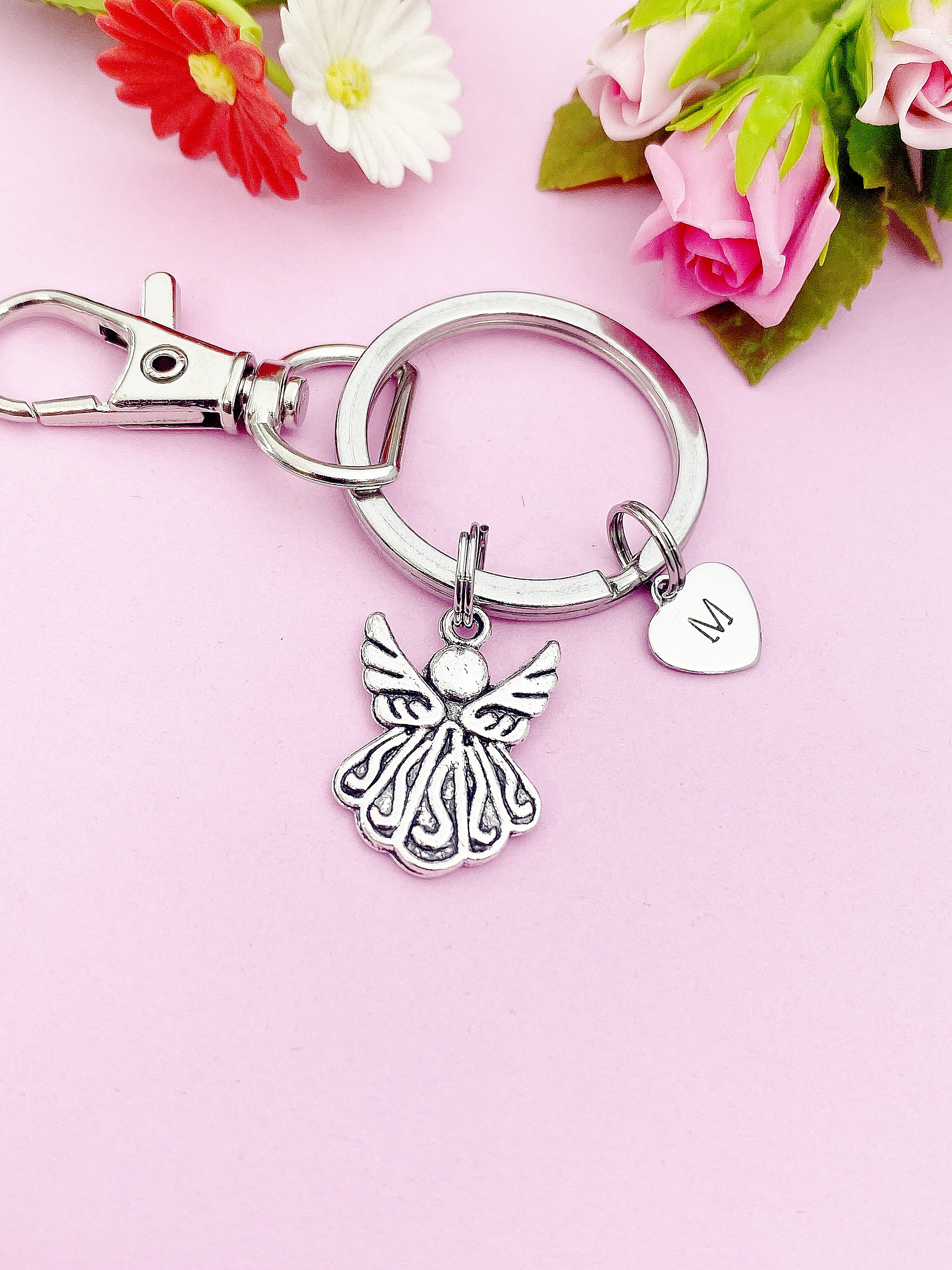 Guardian Angel Keychain, Personalized Initial Charm, Silver Keyring - Etsy