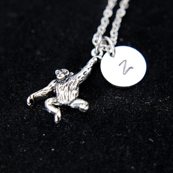 Silver Orangutan Monkey Charm and Initial Charm Necklace, Monkey Charm Necklace, Monkey Charm, Wild Animal Charm, Zookeeper Gift, N249