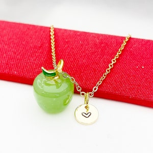 Apple Necklace, Handmade Lampwork Fruit Green Apple Charm, Gold Dainty Necklace, Delicate Minimal Modern, Personized Initial Necklace, N4998