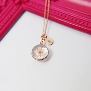 Rose Gold Cherry Blossom Necklace, Press Flower, Japanese Girlfriends Gift, Birthday Present, Personized Initial Necklace N4490