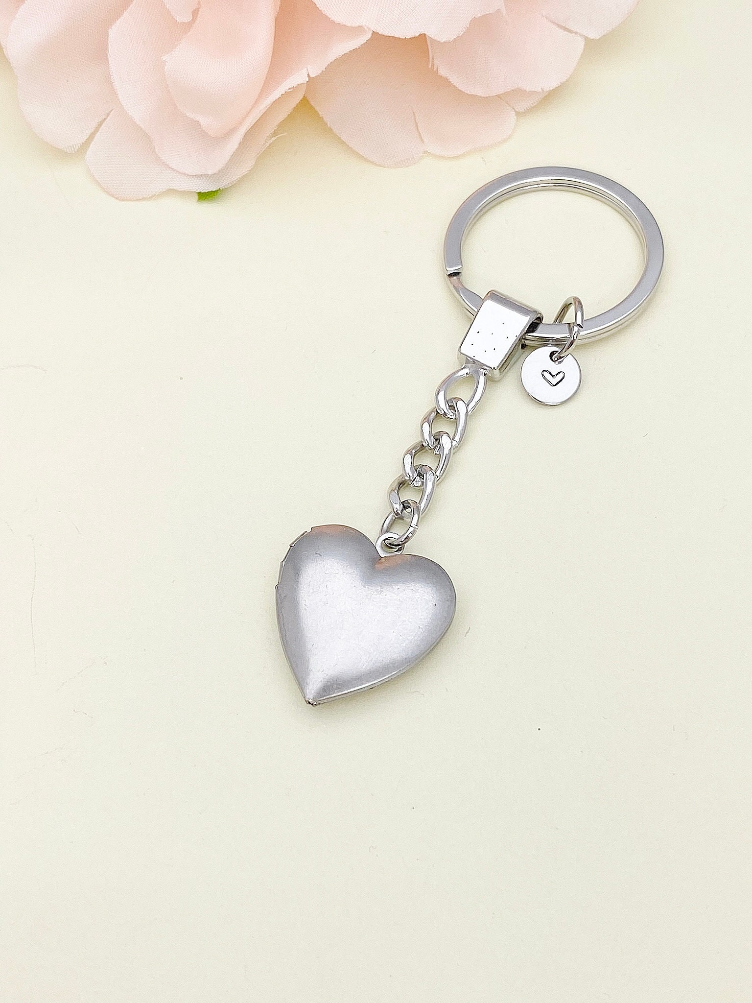 【韓国スタバ】25 V-DAY★DearLove Locket Mirror Keychain Best Christmas Gift Silver Heart Locket Pendant Keychain