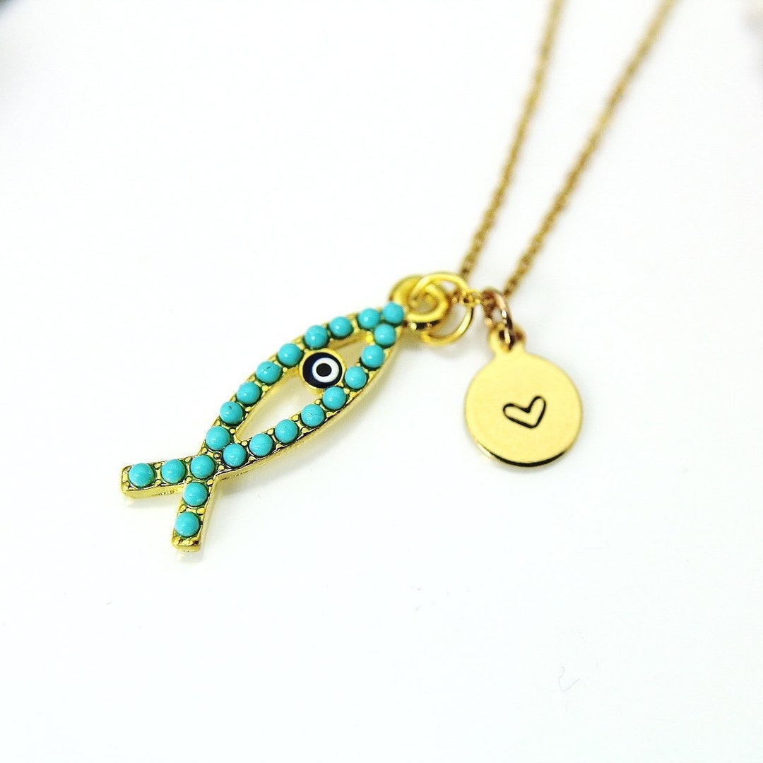 Gold Jesus Fish Charm Necklace Gold Ichthus Christian Fish Etsy