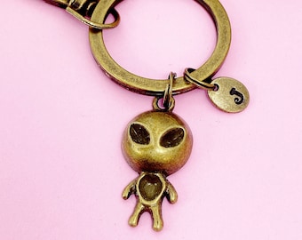 Antique Bronze UFO Charm Keychains UFO Pendant Keychains UFO Keyring Alien Keychain Personalized Keychain Initial Keychain Initial Charm