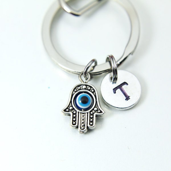 Silver Hamsa Evil Eye Charm Keychain, Evil Eye Keychain, Personalized Custom Monogram, N2616