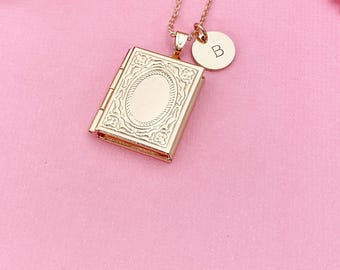 Rose Gold Miniature Book Locket Necklace, Book Charm, Librarian Gift, Bookworm Gift, Book Club Gift,N2130R