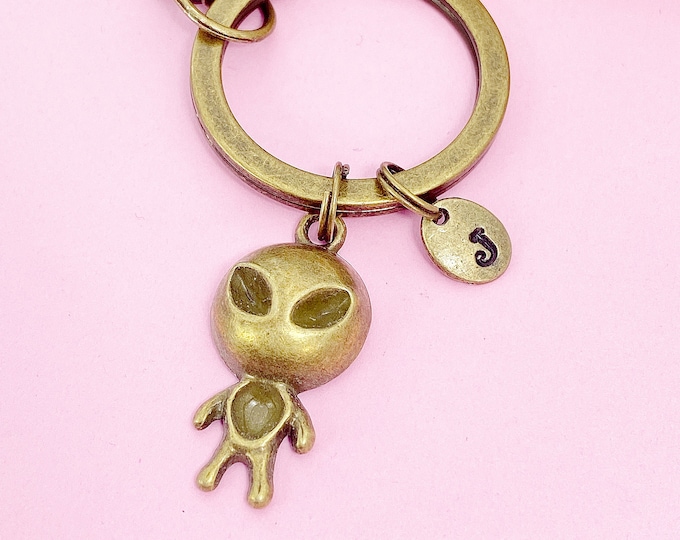 Antique Bronze UFO Keychain, Personalized Initial Charm