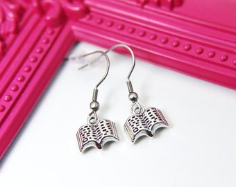 Silver Book Charm Earrings, 925 Sterling Silver over Stainless Steel Ear Hook Dangle Earring, N2284