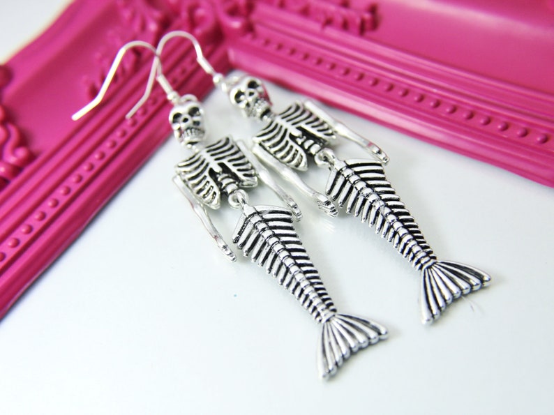 Silver Mermaid Skull Charm Earrings Halloween Gift Ideas, BN2702 image 1