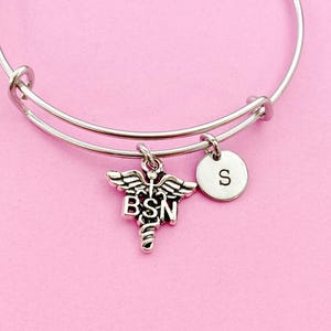 Silver Bachelor of Science Nursing Charm Bracelet, Caduceus BSN Medical Charm, Nurse Graduation Gift, N261A