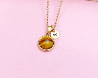Gold Tiger Eye Charm Necklace, Personalized Initial, Gemstone Jewelry