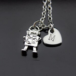 Silver Robot Charm Necklace Silver Robot Heart Charm Necklace Silver Robot Charm Silver Necklace Robot Jewelry Personalized Necklace