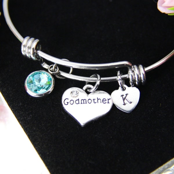 Godmother Charm Bracelet, Godmother Heart Bangle, Godmother Gift, Godparent Gift, Aunt Gift, Christmas Gift, Personalized Initial, B220