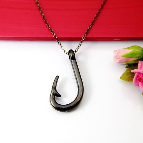 Black Fish Hook Charm Necklace, Men Jewelry, Fish Hook Necklace, Fishing Gifts for Him,  Christian Jewelry, N2032