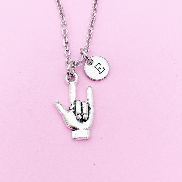 Silver I Love You Hand ASL Sign Language Charm Necklace Valentine Gifts Ideas Personalized Customized Made to Order, BN2285