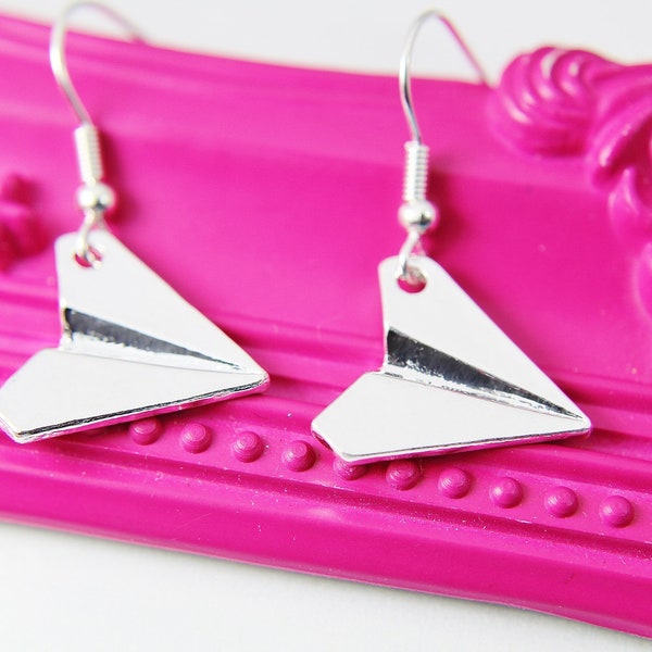 Silver Paper Plane Earrings, Paper Airplane Charms, Plane Charm, Valentine Gifts, Anniversary Gift, Girlfriend Gift, N297-B