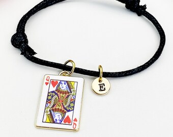 Gold Queen of Heart Card Charm Black Cord Bracelet with Initial, N5667B