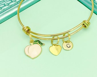 Gold Peach Charm Bracelet, Personalized Initial Bangle