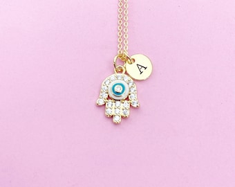 Gold Hamsa Evil Eye Necklace, Hamsa Evil Eye Charm, Kabbalah Gift, Luck Gift, Personalized Gift, Valentine Gift N562