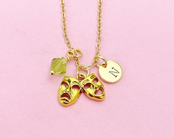 Comedy Tragedy Theater Drama Necklace in Gold, Graduation Gift, N1040