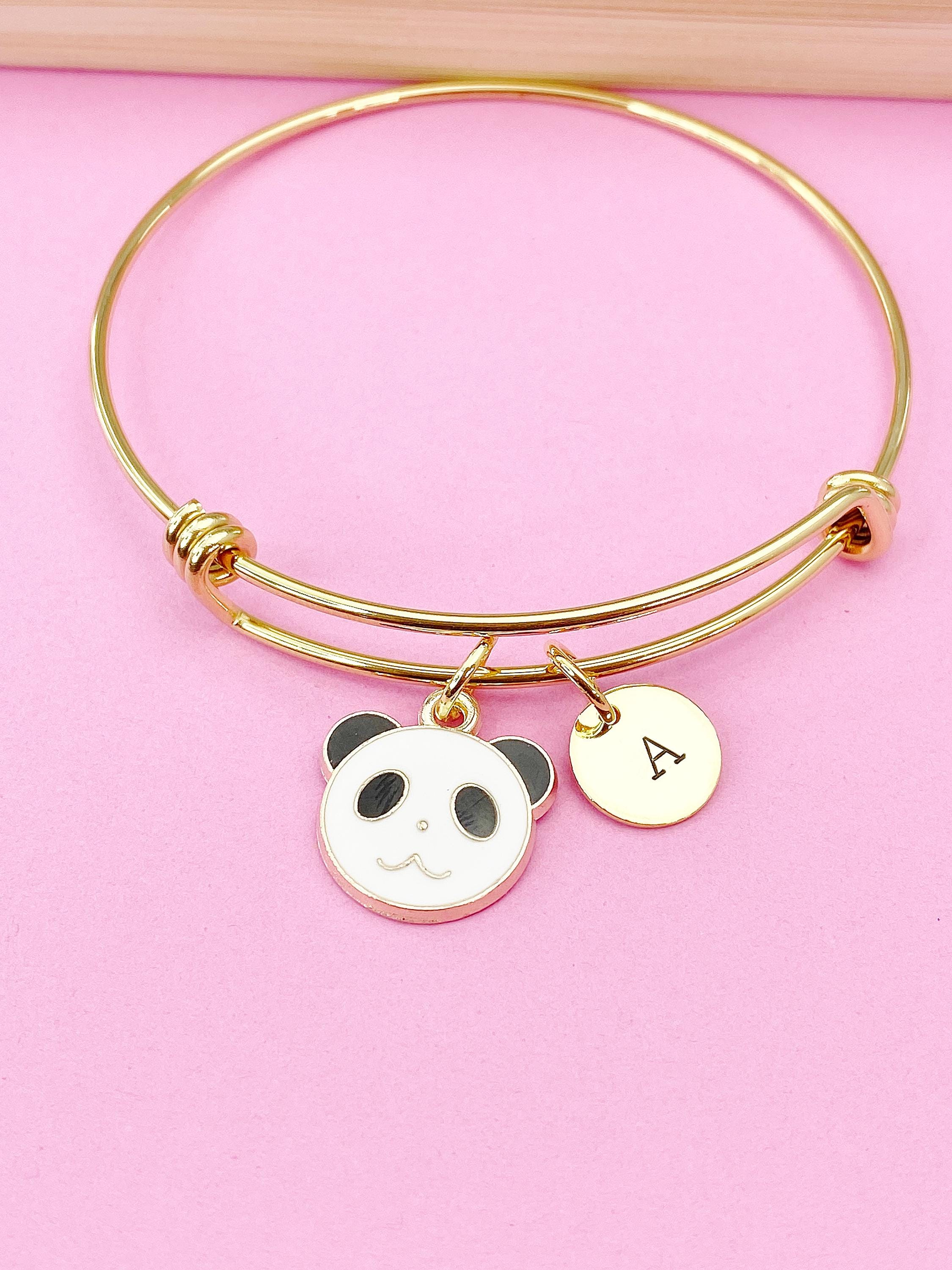 Gold Cute Panda Charm Bracelet Bangle, Personized Initial Bracelet