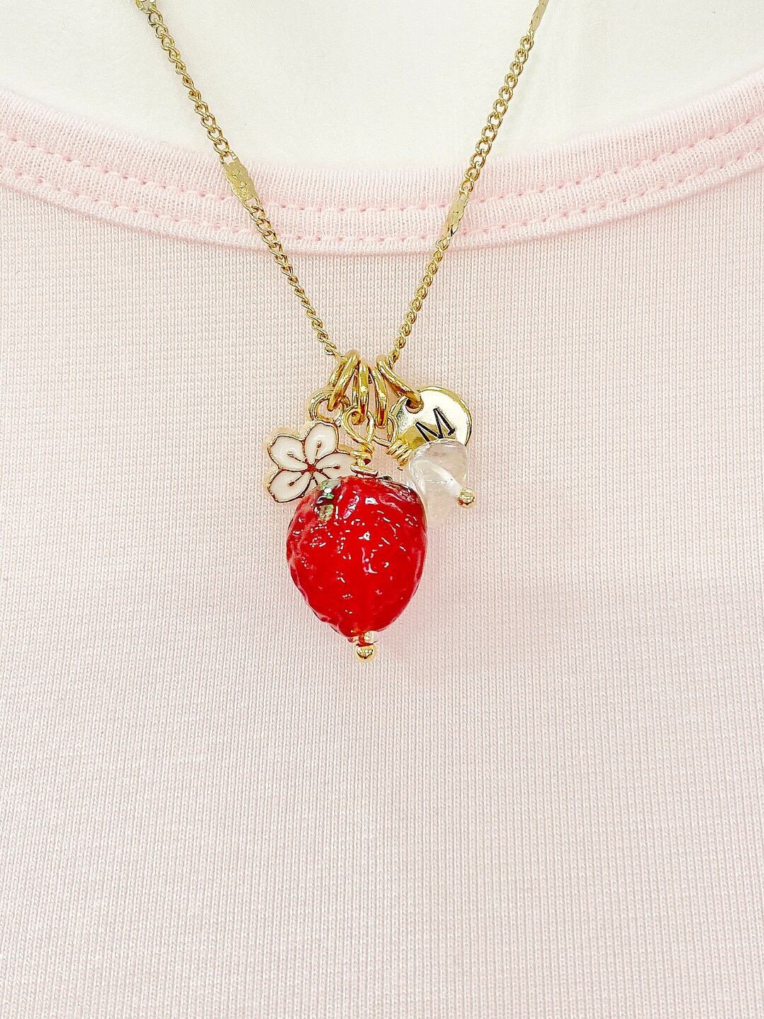 Gold Strawberry Necklace, April Natural Quartz Gemstone Personalized