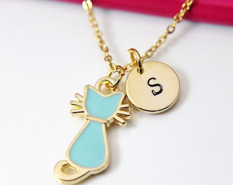 Cat Necklace, Gold Blue Cat Charm, Cute Cat Charm, Pet Gift, Animal Charm, Personalized Gift, Best Friend Gift, Girl Gift, N1031