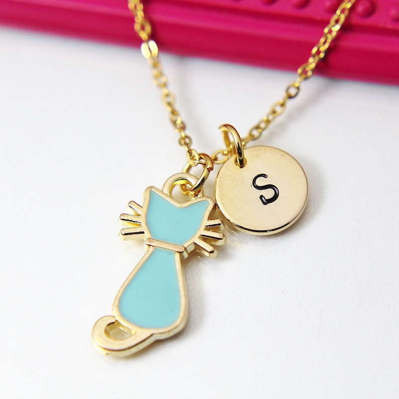 Cat Necklace Gold Blue Cat Charm Cute Cat Charm Pet Gift Etsy