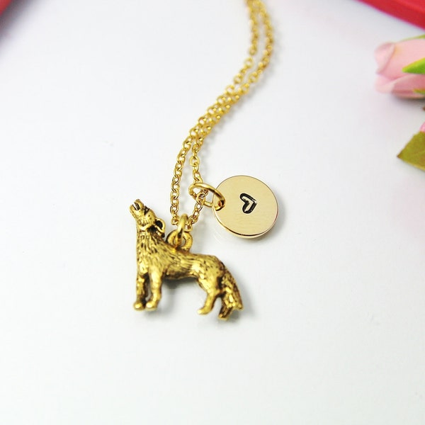 Gold Howling Wolf Charm Necklace,  Animal Charm, Wildlife Charm, Coyote Hunter Gift, Personalized Gift, N443