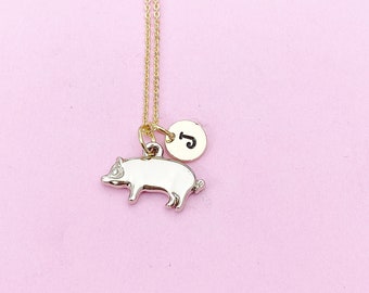 Gold Pig Initial Necklace, Farm Animal Charm